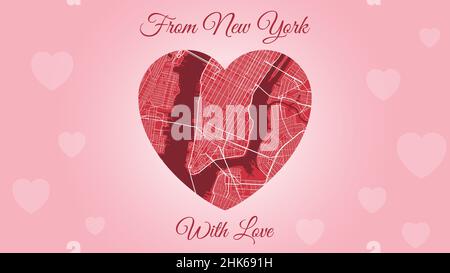 From New York City with love card, city map in heart shape. Horizontal Pink and red color vector illustration. Love city travel cityscape. Stock Vector