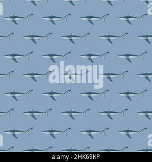 Seamless pattern Blue shark on gray background. Texture of marine fish for any purpose. Geometric template for textile fabric design. Simple vector or Stock Vector