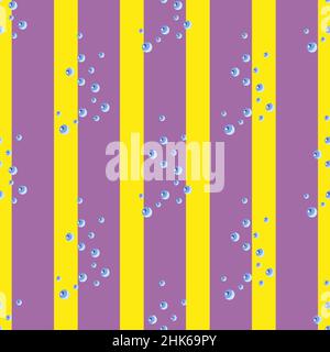 Seamless pattern bubbles on striped purple yellow background. Abstract texture of soap for any purpose. Geometric template for textile fabric design. Stock Vector