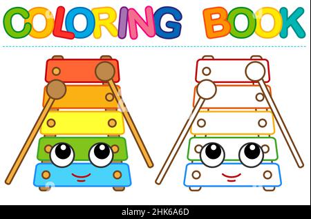 Coloring page funny smiling xylophone. Vector coloring book for childrens activity Stock Vector