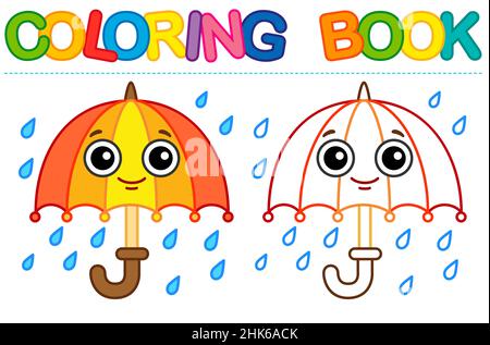 Coloring page funny smiling umbrella and rain. Vector coloring book for childrens activity Stock Vector