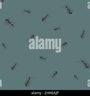 Seamless pattern colony ants on dark green background. Vector insects template in flat style for any purpose. Modern animals texture for fabric, wrapp Stock Vector
