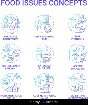 Food issues blue gradient concept icons set Stock Vector