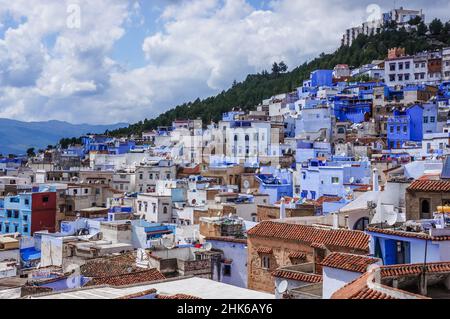 high angle view of Chefchaouen town's buildings painted in blue and white Stock Photo