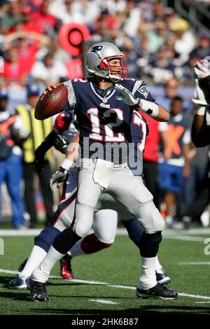 New England Patriots quarterback Tom Brady in the pocket during a game against the Arizona Cardinals at Gillette Stadium in Foxborough, MA on 9/16/12. Stock Photo