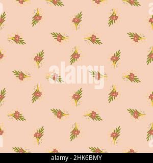 Seamless pattern with bouquets of small flowers on pastel pink background. Vector floral template in doodle style. Gentle summer botanical texture for Stock Vector