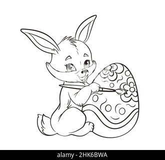 Coloring book Cute easter bunny painting an easter egg with a brush.Vector illustration in a flat cartoon style, black and white line art Stock Vector