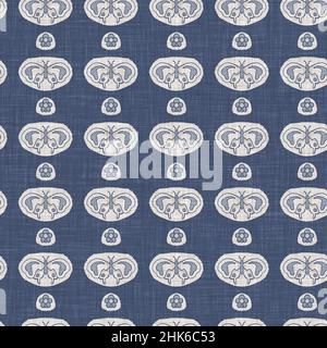 Farmhouse blue butterfly linen seamless pattern. Tonal french country cottage style farm animal background. Simple vintage rustic fabric textile Stock Photo