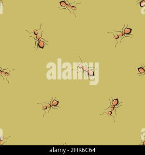 Seamless pattern colony ants on pastel green background. Vector insects template in flat style for any purpose. Modern animals texture for fabric, wra Stock Vector