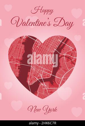 Happy Valentine's day holiday card with New York City map in heart shape. Vertical A4 Pink and red color vector illustration. Love city travel citysca Stock Vector