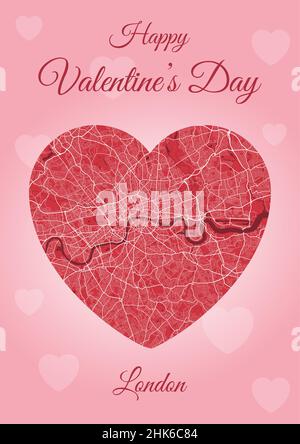 Happy Valentine's day holiday card with London map in heart shape. Vertical A4 Pink and red color vector illustration. Love city travel cityscape. Stock Vector