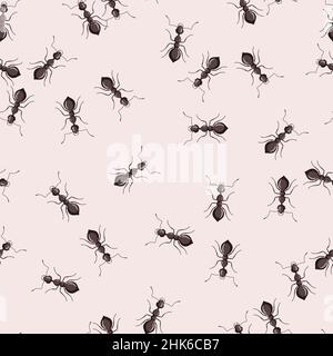 Seamless pattern colony ants on pink background. Vector insects template in flat style for any purpose. Modern animals texture for fabric, wrapping pa Stock Vector