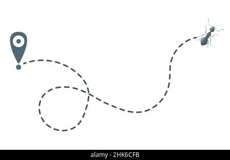 Tracking ants isolated on white background. Single ant moving in mapping signs . Design flat nature elements. Vector illustration. Stock Vector
