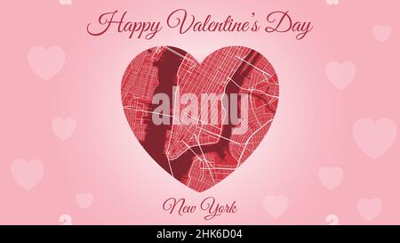 Happy Valentine's day horizontal holiday card with New York City map in heart shape. Pink and red color vector illustration. Love city travel cityscap Stock Vector