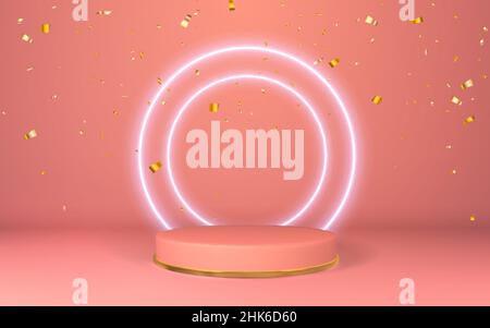3d red pedestal. Podium display on empty room. Stage for product on cylinder podium. Minimal style. Vector illustration. Stock Vector