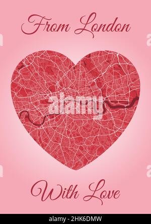From London with love card, city map in heart shape. Vertical A4 Pink and red color vector illustration. Love city travel cityscape. Stock Vector