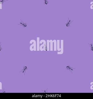 Seamless pattern colony ants on purple background. Vector insects template in flat style for any purpose. Modern animals texture for fabric, wrapping Stock Vector