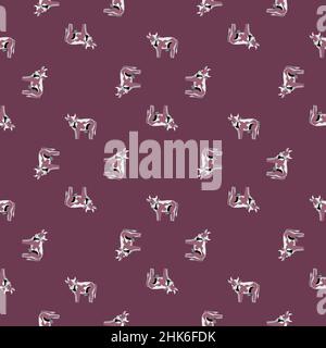 Seamless pattern cow on purple background. Texture of farm animals for any purpose. Geometric template for textile fabric design. Simple vector orname Stock Vector