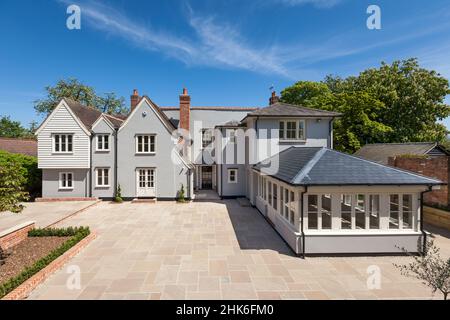 Appletree Lodge Sible Hedingham, Essex - May 10 2017: Rear facade of renovated, vacant, 16th century grade II listed historic home in England Stock Photo