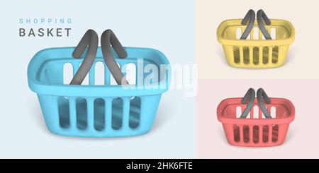 Set of 3d empty blue, red and yellow shopping baskets. Shopping concept. Vector illustration. Stock Vector