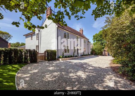 Appletree Lodge Sible Hedingham, Essex - May 10 2017: Front facade of renovated, vacant, 16th century grade II listed historic home in England Stock Photo