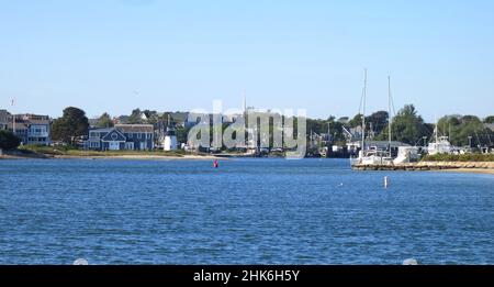 Entrance to Hyannis harbor,with lighthouse, at Cape Cod Massachusetts,USA. Stock Photo