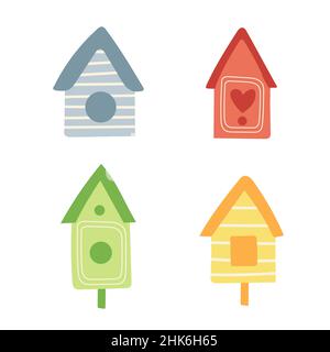 Wooden birdhouse, set of icons of house for birds. Hand drawn vector illustration. Isolated element on a white background. Stock Vector