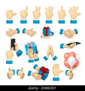 Cartoon character hand shows finger gestures. 3d render hand businessman in suit. Vector illustration. Stock Vector