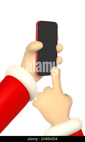 Cartoon character hand with smart phone, scrolling or searching for something. 3d render santa hand. Vector illustration. Stock Vector