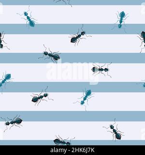 Seamless pattern colony ants on striped blue background. Vector insects template in flat style for any purpose. Modern animals texture for fabric, wra Stock Vector
