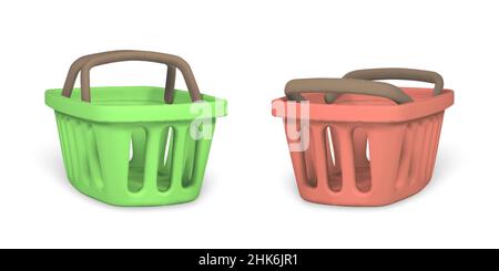 3d empty green and red shopping baskets. Shopping concept. Vector illustration. Stock Vector