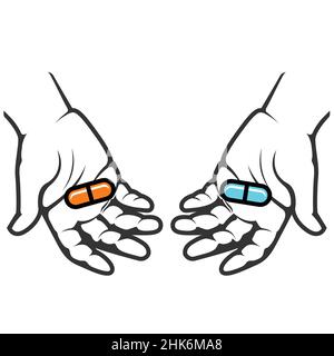 Hands hold red and blue pill, choice and decision-making concept, selecting an option, vector Stock Vector