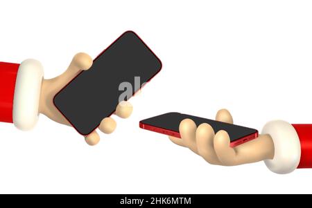 Cartoon character hand with smart phone, scrolling or searching for something. 3d render santa hand. Vector illustration. Stock Vector