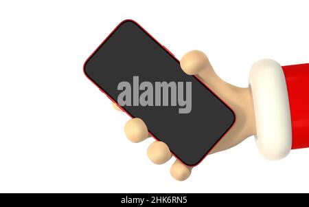 Cartoon character hand with smart phone, scrolling or searching for something. 3d render santa hand. Vector illustration. Stock Vector