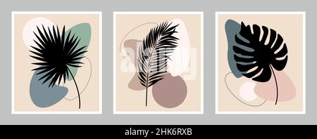 A set of vector drawings on the walls of palm leaves. Design of tropical plants for printing, cover, wallpaper. Flat design in boho style. Stock Vector