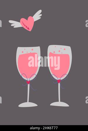 Two Glasses Of Pink Champagne. A heart with wings. Vector Image In Boho Style. Stock Vector