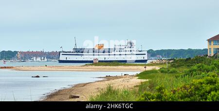 A car ferry,the Eagle, entering Hyannis Harbor on Cape Cod, Massachusetts. Coming from Nantucket or Martha's Vineyard. Stock Photo