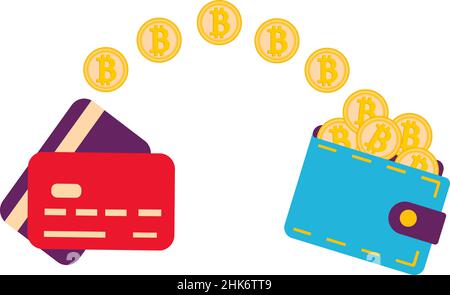 A flat illustration of a pile of bitcoins, from a credit card to a wallet. Transfer, e-commerce, online business, deposit money in the concept of the Stock Vector
