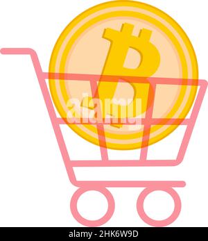 Buying a supermarket shopping cart concept with Bitcoin. Cryptocurrency coin in the shopping cart. Vector image. Stock Vector