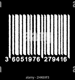 Bar Code isolated on black background. Universal Product Scan Code in doodle style. Vector icon design element hand drawn. Stock Vector
