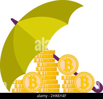 A flat illustration of a pile of bitcoins under an umbrella. Stock Vector