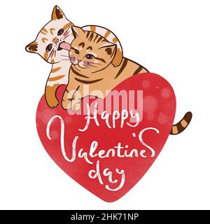 Lovely couple of cats and heart hand drawn style, Cute cartoon