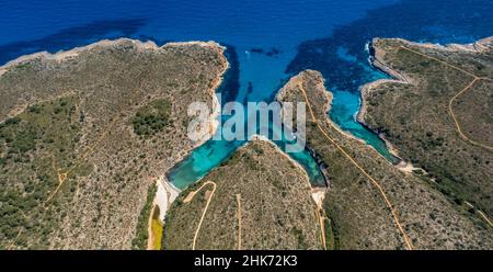Aerial view, bay with Cala Magraner beach, Cala Pilota beach and Cala Virgili beach, Manacor, Mallorca, Europe, Balearic Islands, Spain, Balearic Isla Stock Photo