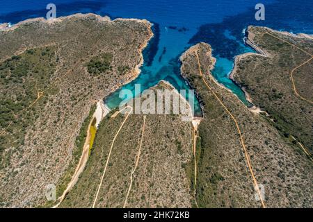 Aerial view, bay with Cala Magraner beach, Cala Pilota beach and Cala Virgili beach, Manacor, Mallorca, Europe, Balearic Islands, Spain, Balearic Isla Stock Photo
