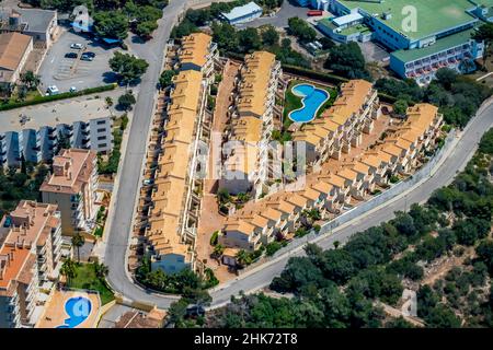 Aerial view, holiday home complex in Cales de Mallorca, Manacor, Balearic Islands, Mallorca, Balearic Islands, Spain, ES, Europe, holiday homes, hotel Stock Photo