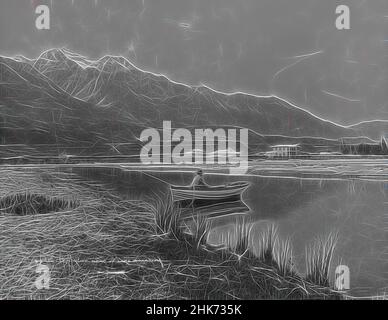 Inspired by Glenorchy, head of Lake Wakatipu, Burton Brothers studio, photography studio, 1886, Dunedin, black-and-white photography, View across a calm stretch of water on which a dingy with a single figure sits at the centre of the image. There are snow-capped mountains in the distance at left and, Reimagined by Artotop. Classic art reinvented with a modern twist. Design of warm cheerful glowing of brightness and light ray radiance. Photography inspired by surrealism and futurism, embracing dynamic energy of modern technology, movement, speed and revolutionize culture Stock Photo