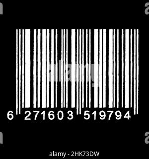 Bar Code isolated on black background. Universal Product Scan Code in doodle style. Vector icon design element hand drawn. Stock Vector