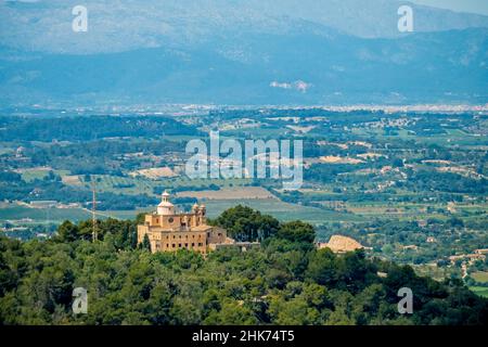 Aerial view, Monastery Santuari de Bonany on the Puig de Bonany, Petra, Europe, Balearic Islands, Spain, ES, Sanctuary, Chapel, Church, Monastery, Mal Stock Photo