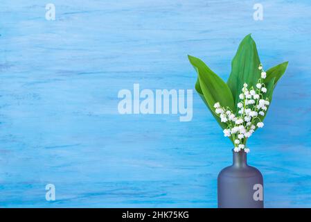 Bouquet of flowers lily of the valley ib vase on blue background Stock Photo