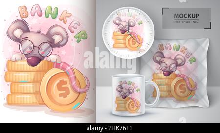 Mouse banker poster and merchandising. Stock Vector
